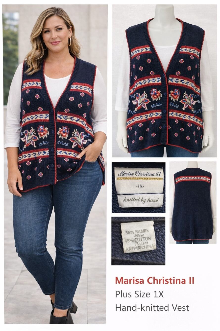 Marisa Christina II Hand Knit Vest 1X Folk Nordic Fair Isle Ramie Cotton